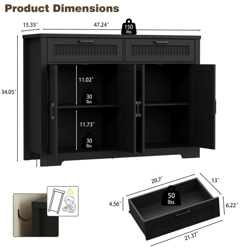 Tahara 47.2" Wide 2-Drawer Sideboard with Adjustable Shelf, 4-Door, Black