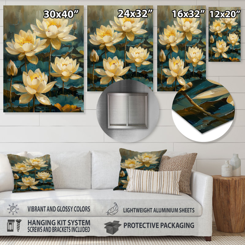 Blanc blanc vert jardin de lotus III - lotus d'art mural de salon, Sans cadre, métal, H 24 po x l 32 po