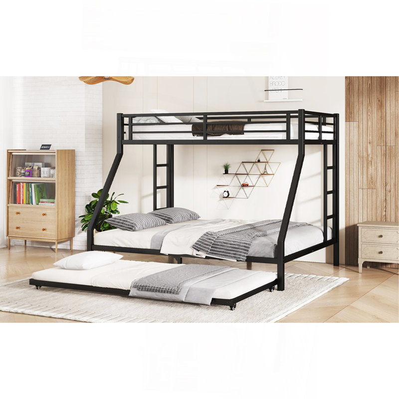 Twin XL Over Queen Metal Bunk Bed With Twin Size Trundle, Black, Twin XL Over Queen