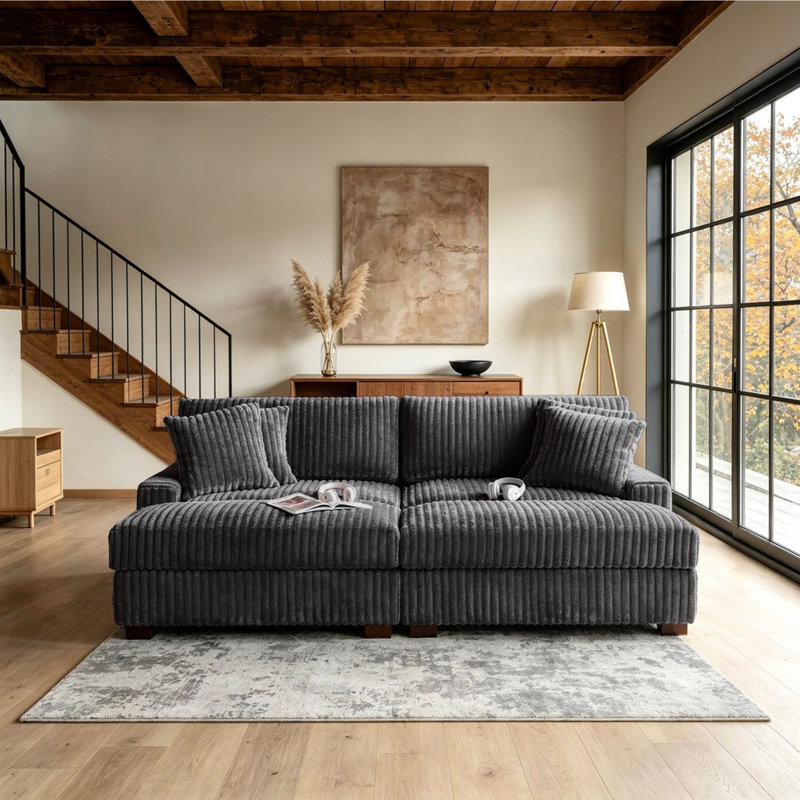 4 - Piece Upholstered Gray Faux Rabbit Fur Flannel Modular Sectional Sofa with Throw Pillows & Removable Ottomans