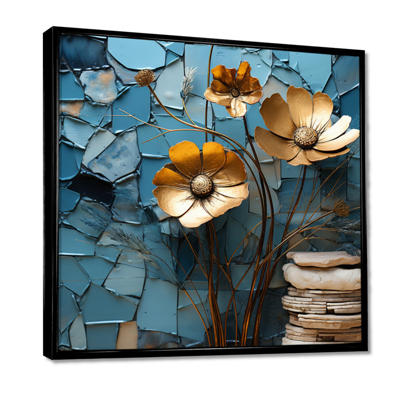Coquelicots dorés sur bleu sarcelle - art mural coquelicot, H 16 po x l 16 po x P 1 po, Toile noire avec cadre flottant