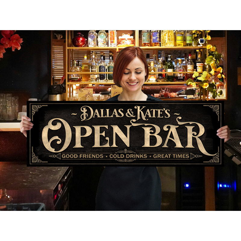 Nom de famille «Open Bar» personnalisé sur métal, H 16 po x l 48 po x P 0,04 po, Yes