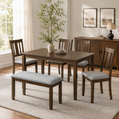 6 Piece Kitchen Dining Set, Rectangular Wooden Dining Table with 4 Upholstered Chairs and a Bench, Dining Table Set for 6 People, Living Room, Home Ba