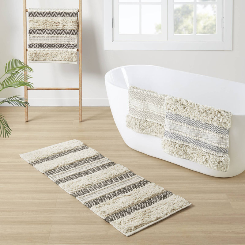 Nordic Shaggy Beige and Black Cotton Blend Bathroom Rug
