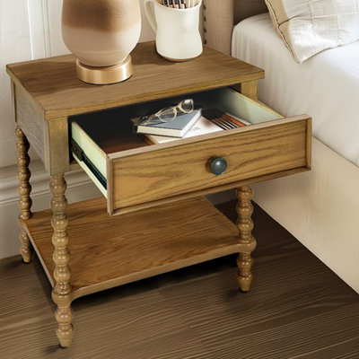 2 Table de chevet en bois massif, artisanat traditionnel, finition chêne brun, glissières de tiroir en métal avec structure en bois