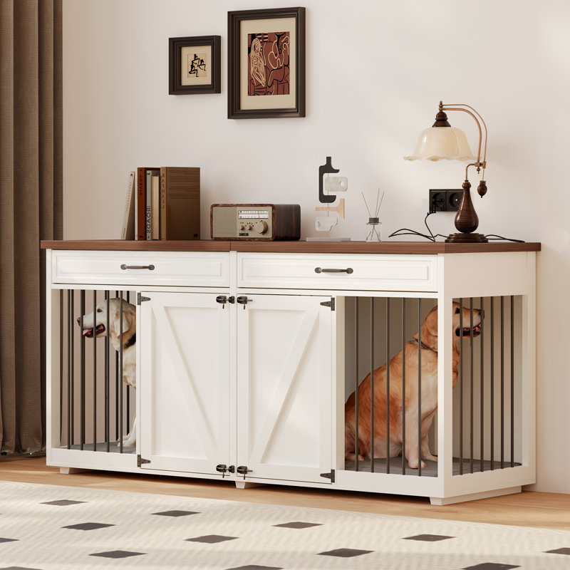 Cage pour chien en bois de style mobilier avec paravent et 2 tiroirs, H 34 po x l 72 po x P 23,6 po, White