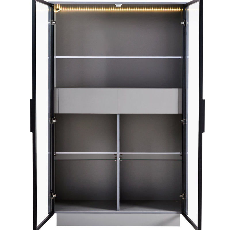 60.6'' Tall Display Cabinet In Grey For Living Room, Office & Study - Tempered Glass Door, Led Lighting, Two Drawers, Adjustable Shelves With Drawers And