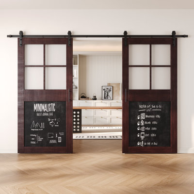 Homacer Red Mahogany Double 26in x 84in Half Lite Chalkboard Design Unassembled & Finished Barn Doors with Non-Bypass Installation Hardware Kit, 9ft track, interior use only
