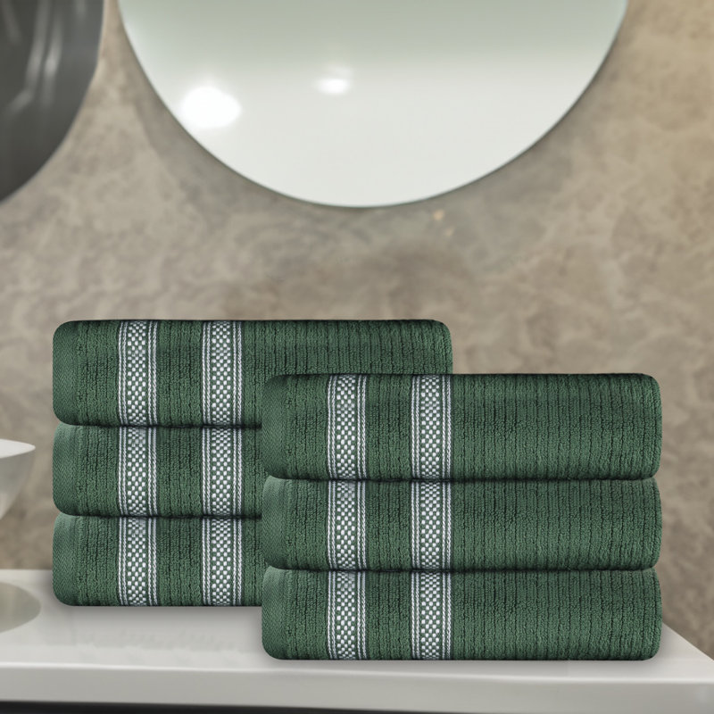 Tylique Zero Twist Cotton Ribbed Modern Geometric Border Soft Highly-Absorbent Hand Towel, Forest Green