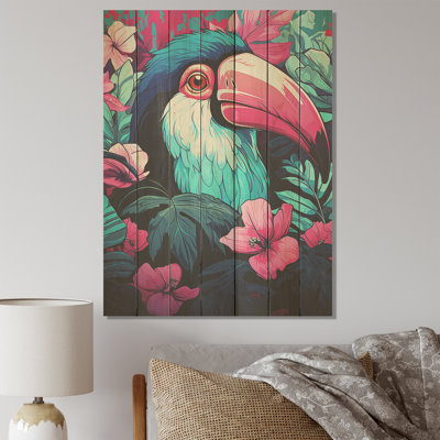 Pink And Blue Tropical Toucans - Toucan Animal On Wood Print