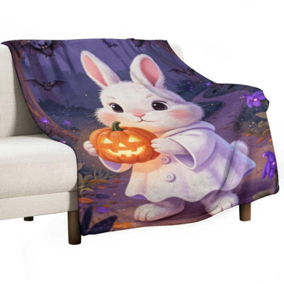 Cute White Rabbit Luxury Flannel Throw Blanket, Soft Warm Fuzzy Blanket for Living Room Sofa Bed Home Decor