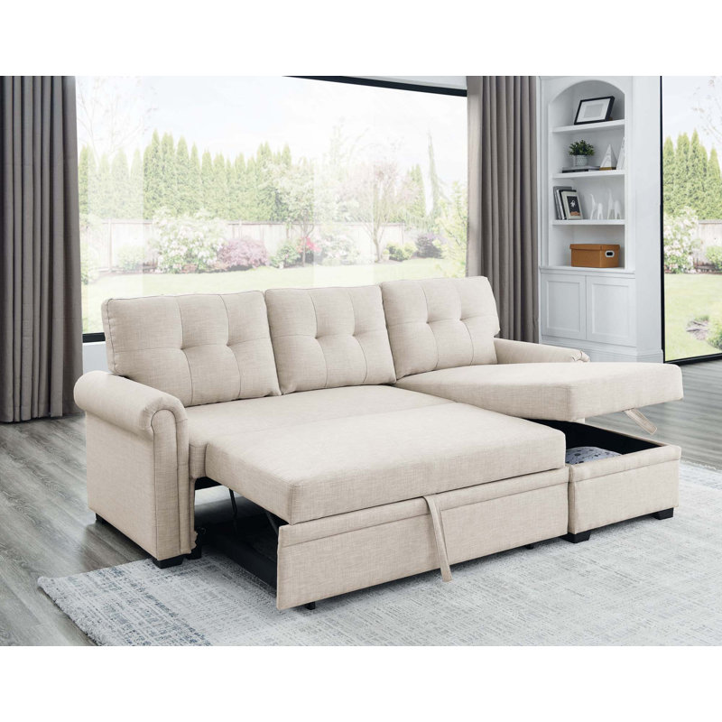 Canapé-lit convertible en L 86 po avec méridienne en L, Almond Linen Blend