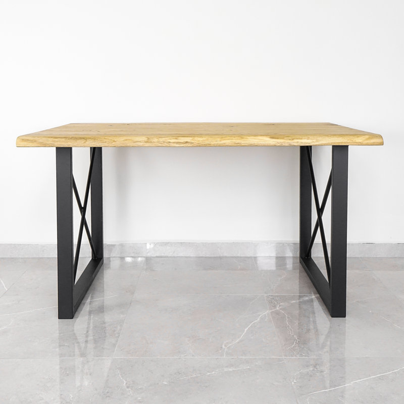 Mireille Oak Solid Wood Top Metal Base Dining Table, Oak Wood, 80cm W x 200cm L