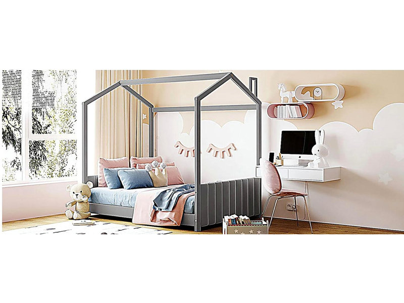 Lit double en bois de velours, gris, Double