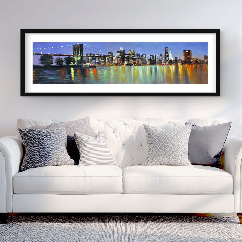 «Colorful City with Bridge by Night - Turquoise», reproduction encadrée