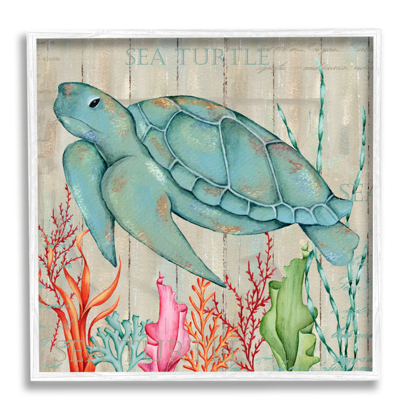 Tortue de mer rustique, encadrée sur bois par Emma Leach, impression, H 17 po x l 17 po x P 1,5 po