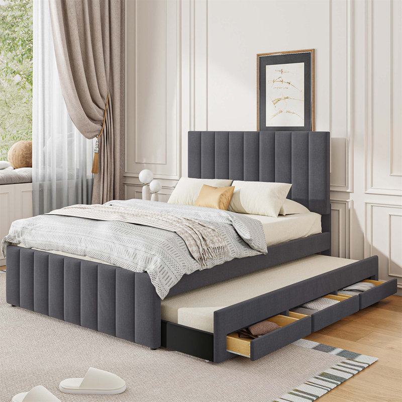 Lit plateforme double avec lit gigogne et 3 tiroirs, tissu en lin, gris