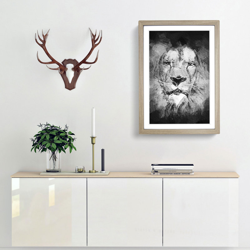 Lion Portrait in Abstract - Picture Frame Painting Print, 65cm H x 48cm W x 2cm D, Oak Framed