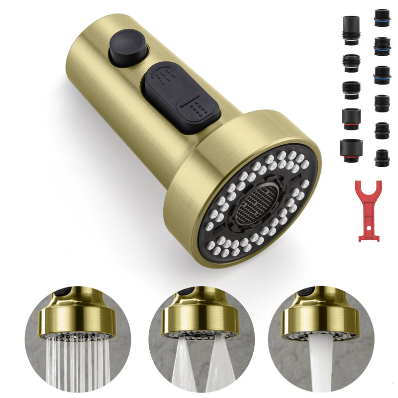 Tête de robinet de cuisine rétractable à 3 fonctions avec 11 adaptateurs, Or brossé