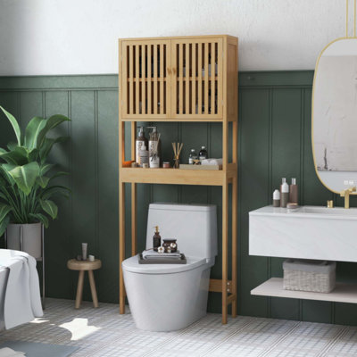 Bamboo Over The Toilet Storage Cabinet, Over Toilet Bathroom Organizer With Slatted Doors, Adjustable Shelf And Open Shelf