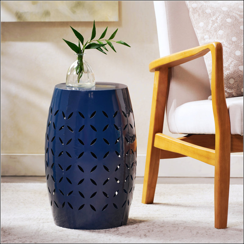 LILAC 12 Inch Barrel-Shaped Lace-Cut Metal Side Table, Perfect For Outdoor Decor And Versatile Use, Dark Blue