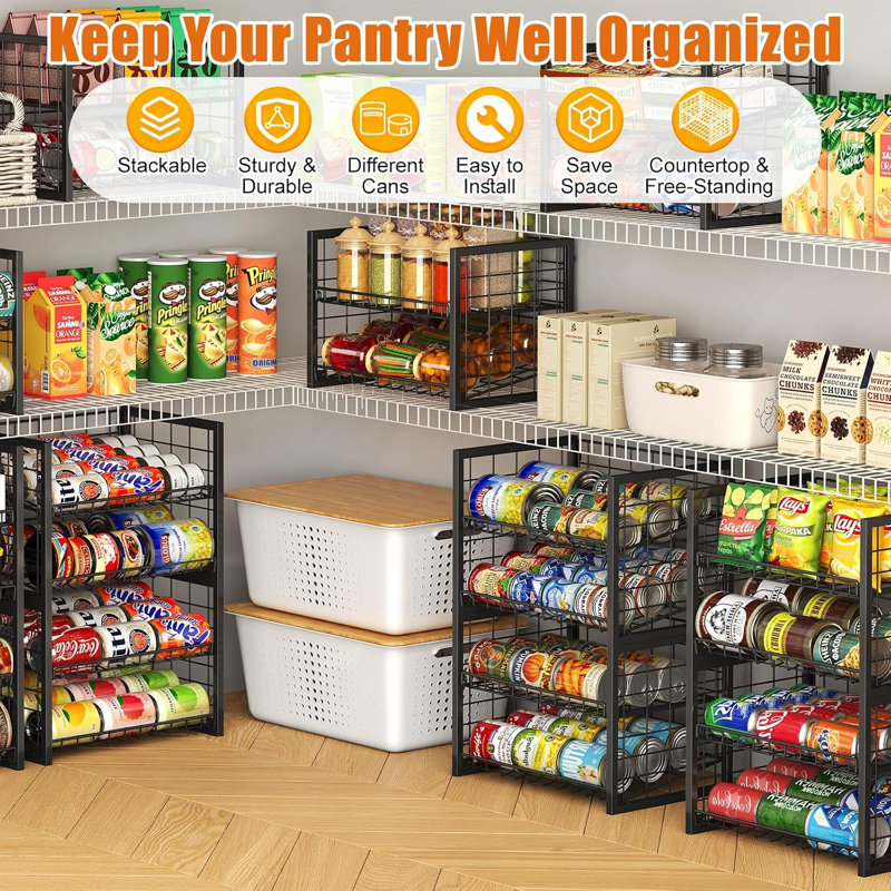 Lot de 2 supports à conserves empilables pour garde-manger, organisateur de rangement robuste et réglable à 2 niveaux pour conserves alimentaires, distributeur de boissons et de collations, noir