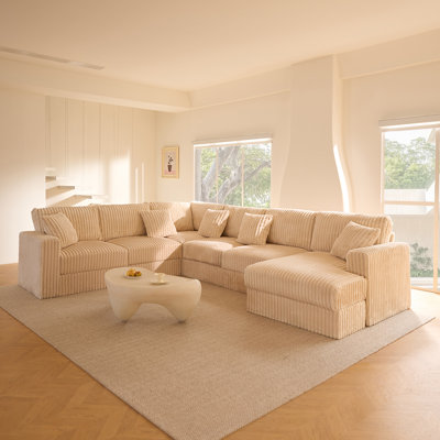 139" Modular Sectional Sofa with Right Chaise, Extra Large 7-Seater Corduroy Couch with High Back & Spring Cushion for Living Room, White