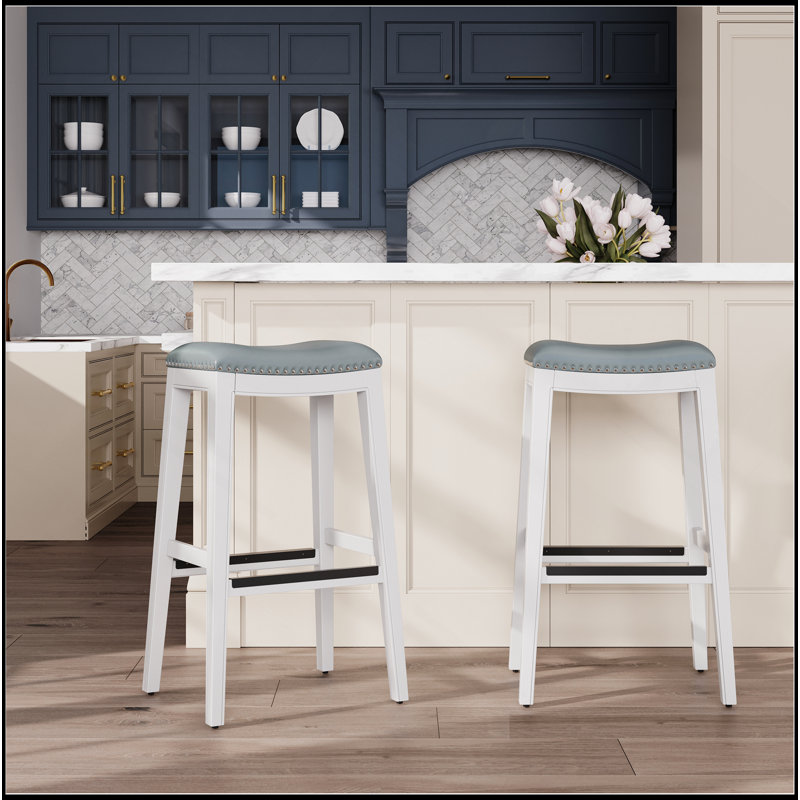 Tabouret de bar 30 po, siège en cuir, Gris, Blanc