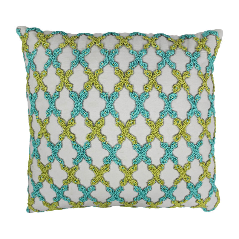 Appliqued Cotton Throw Pillow, Sea Green and Teal / Ivory