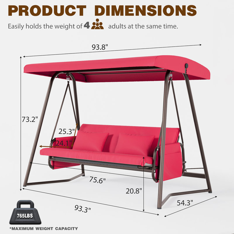 Balançoire convertible 2 en 1, balançoire d'extérieur 3 places avec auvent et coussin, capacité de poids de 600 lb