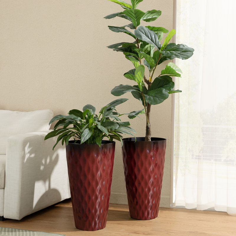 23.75"H Set of 2 Oversized Wavy Texture Red Tall Plastic Planter, Red