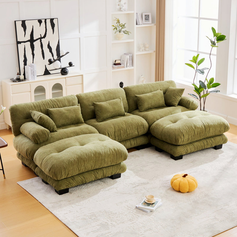 U Shape Cloud Couch With 2 Ottomans, Olive Green