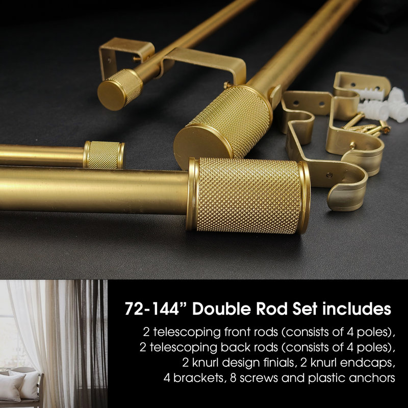  Azura Adjustable Double Gold Drapery Rod With Finials, 72" - 144"