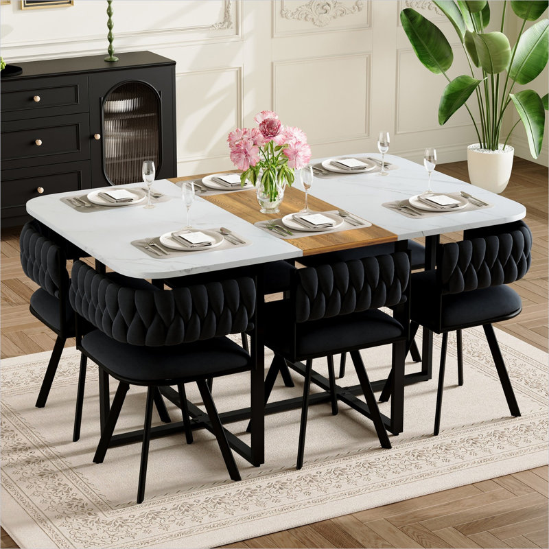 Ensemble de table à manger moderne 7 pièces en marbre blanc et bois avec chaises en velours noir, peu encombrant pour les petites cuisines