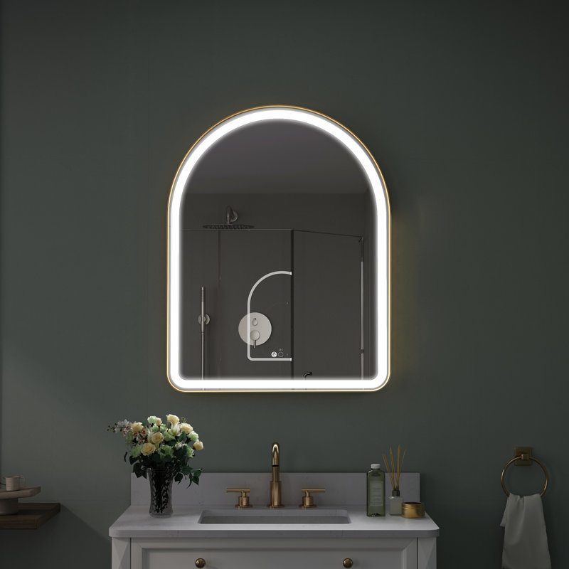 Wall Mounted Bathroom Framed LED Mirror With Memory Function, 36" x 28", Brushed Gold