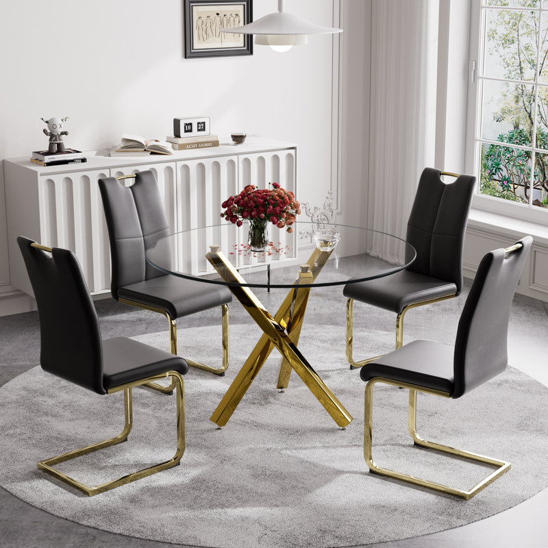 Ensemble de salle à manger 5 pièces, table et 4 chaises, H 29,52 po x L 39,3 po x l 39,3 po, Noir, Or