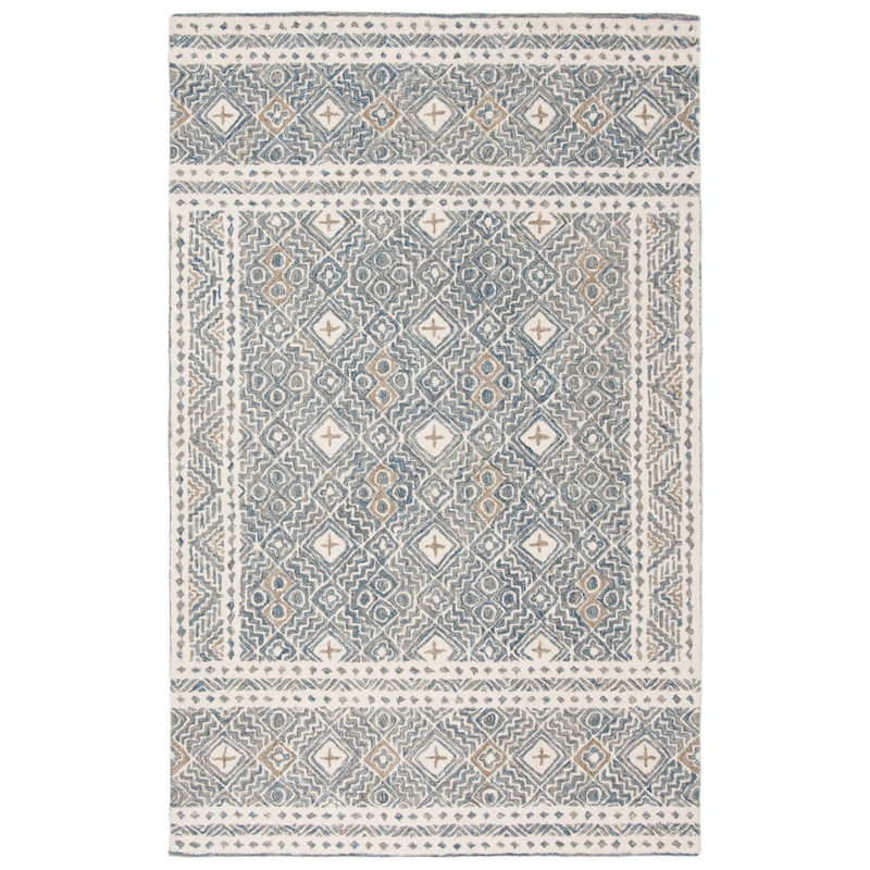 Devoe Hand Tufted Wool/Cotton Southwestern Rug in Ivory/Blue, Rectangle 5' x 8'