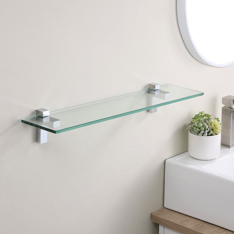 Eunson 23.6'' Floating Bathroom Glass Shelf Tempered Glass Rectangular Extra Wall Mount Polished Chrome, Polished Chrome