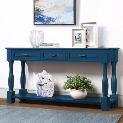 Console en bois de 63 pouces de long avec 3 tiroirs et 1 tablette inférieure pour le canapé d'entrée très épais (bleu marine)