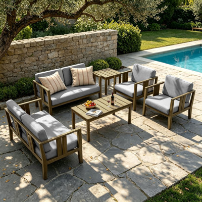 Junco Teak Outdoor Six-person Patio Set With Cushions And Two Tables