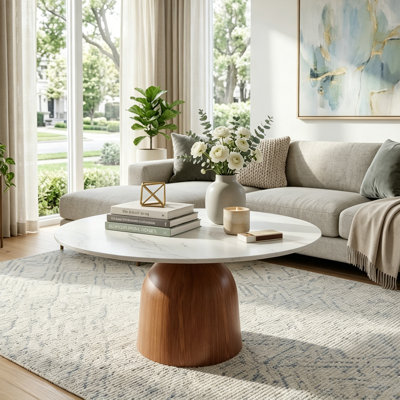 Meranda Round Stone Coffee Table With Solid Wood Pedestal For Living Room & Home Decor