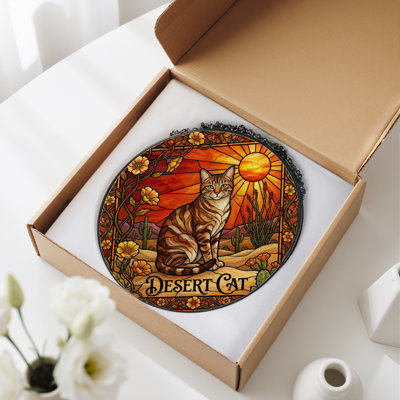 7.8"H Desert Cat Stained Glass Window Panel
