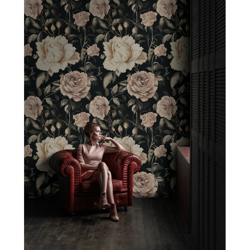 Vintage Blush Rose Wallpaper | Dramatic Floral Accent Wall Mural | Peel and Stick Roll