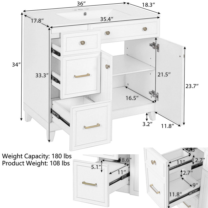 36'' Single Bathroom Vanity, White