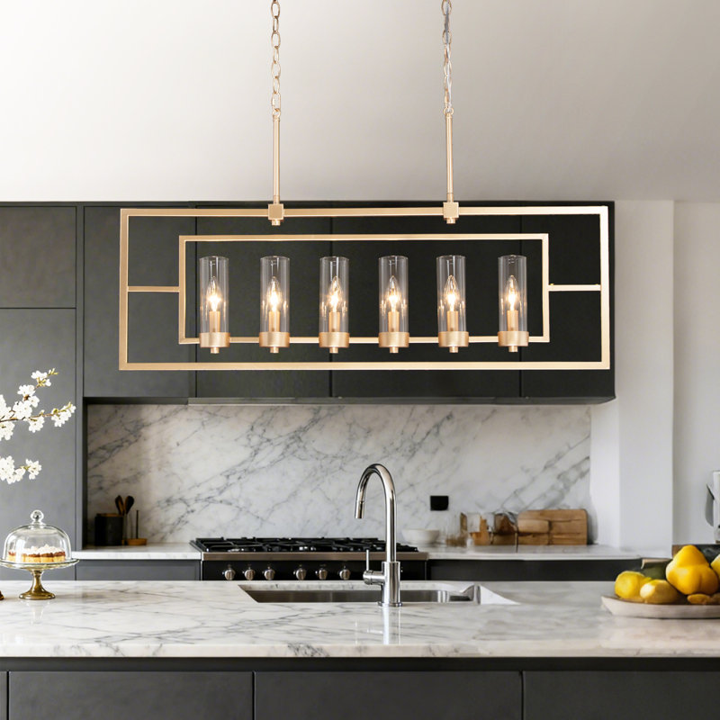 Luminaire suspendu linéaire pour îlot de cuisine 6 lumières avec abat-jour en verre Modern Glam