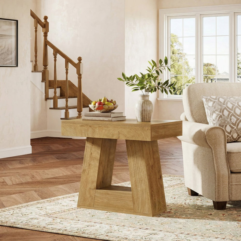 Table de bout en bois, petite table d'appoint à 2 niveaux avec base stable, Bois naturel