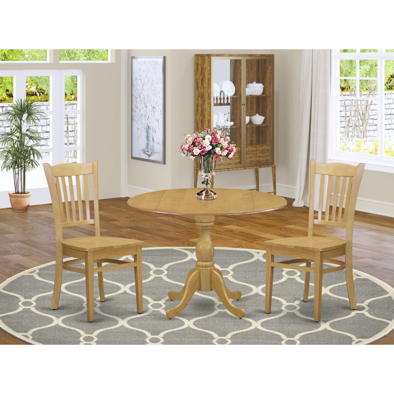3 Piece Modern Dining Table Set Contains a Round Wooden Table with Dropleaf and 2 Kitchen Dining Chairs, 42x42 Inch, Oak, Oak
