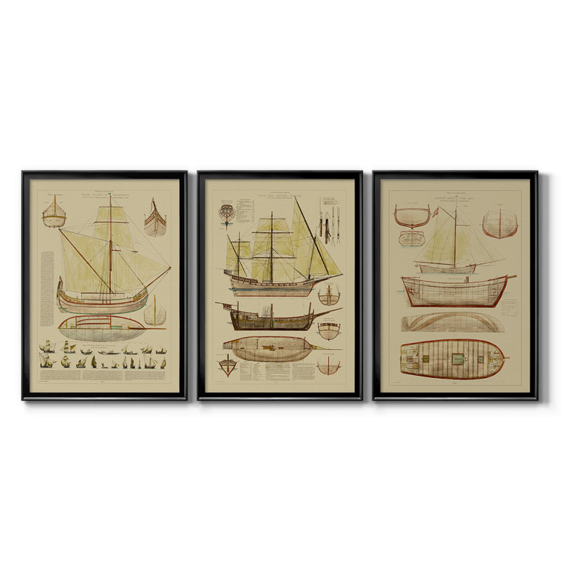 Antique Ship Plan I - Toile tendue avec châssis sur mesure - 3 pièces, H 15 po x l 19 po, Noir