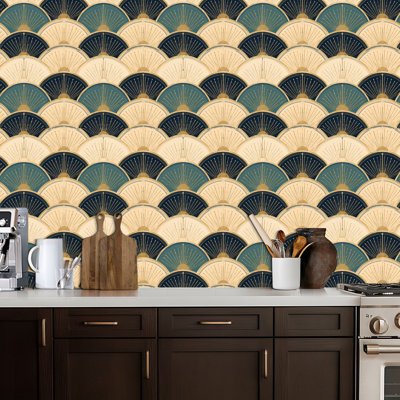 Peel and Stick Wallpaper Art Fan Navy Gold Beige Colors Contact Paper Removable Self Adhesive Wall Mural Wall Decor for Bedroom Kitchen Cabinets 17.7in x 118in