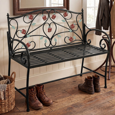 Banc d'extérieur en fer avec motifs colorés à la main, banc de patio 2 places résistant aux intempéries